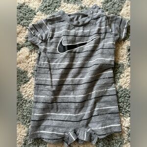 Nike, baby onesie, romper, gray, and black stripes